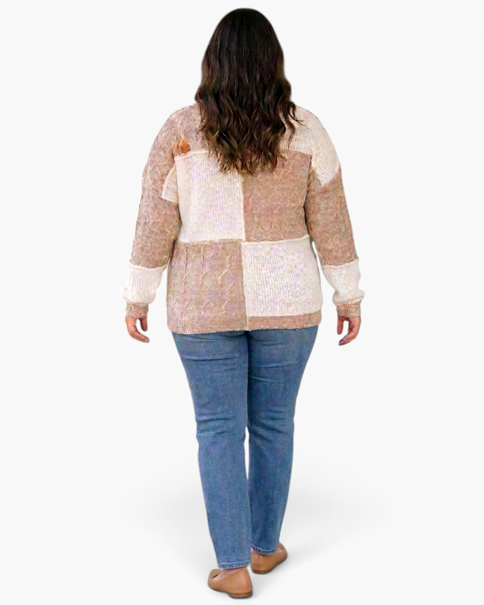 Beach Rose Co. plus size cream and taupe patchwork knit sweater with cable and ribbed textures, back view