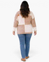 Beach Rose Co. plus size cream and taupe patchwork knit sweater with cable and ribbed textures, back view