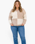 Beach Rose Co. plus size cream and taupe patchwork V-neck sweater in a cozy cable and ribbed knit cotton blend.