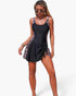 Beach Rose Co. one-piece swimsuit with black and leopard print patchwork, featuring an adjustable side tie-up skirt.