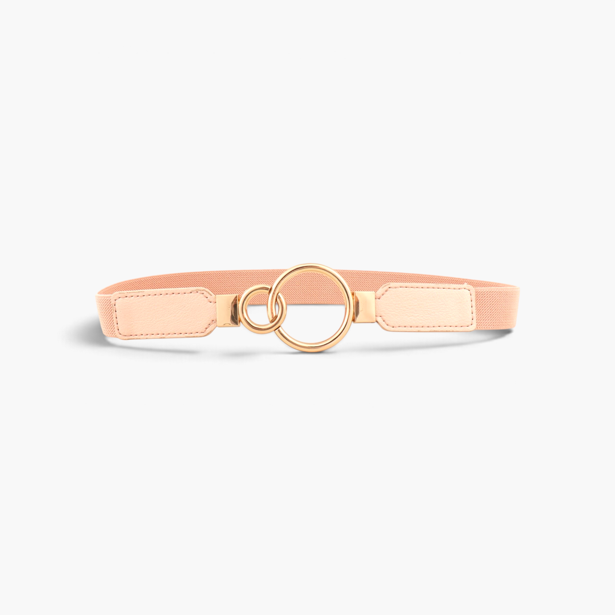 Beach Rose Co. slim elastic waist belt in blush pink with an asymmetric double-ring gold alloy buckle and PU tabs.