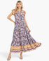 Beach Rose Co. peacock blue floral maxi dress with flutter sleeves, tiered silhouette, and contrasting border print.