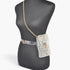 Beach Rose Co. clear PVC belt bag adorned with white pearls and gold chain strap displayed on a black mannequin.