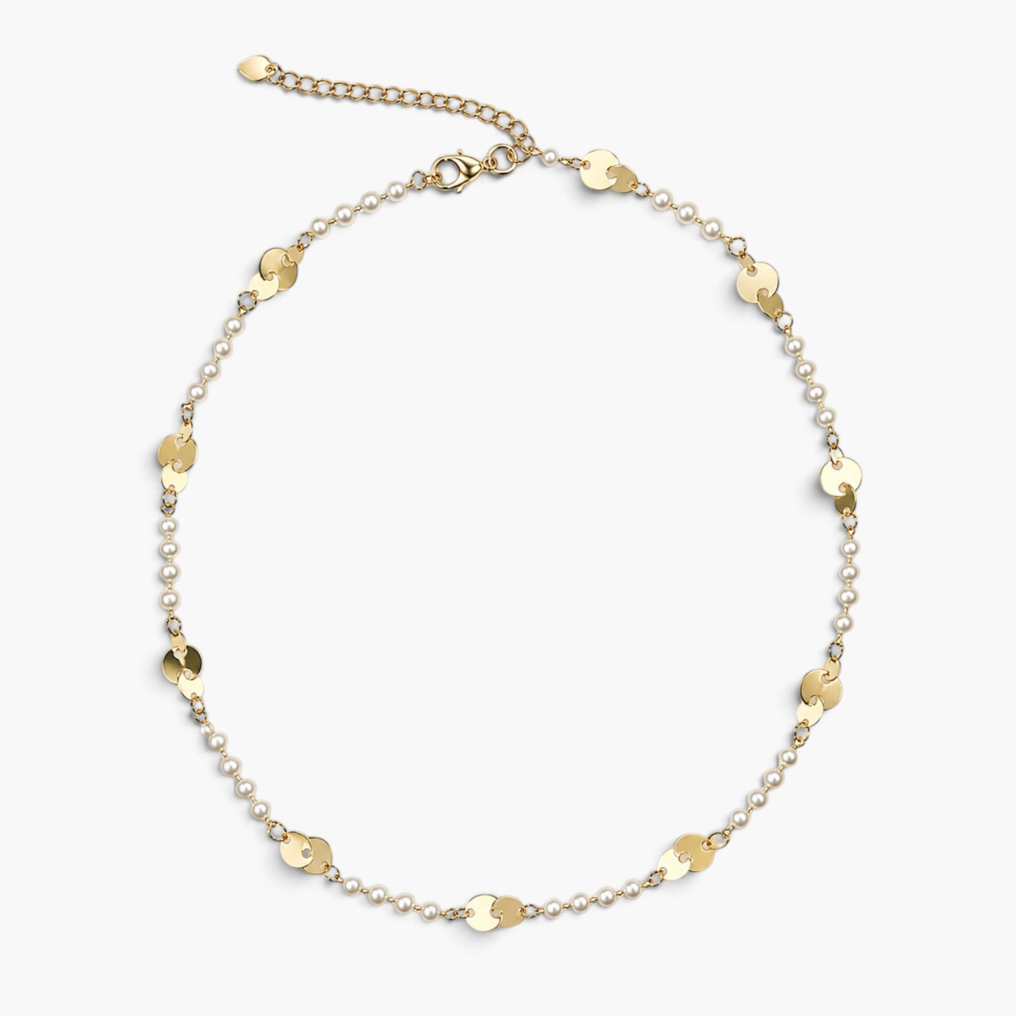 Beach Rose Co. gold filled necklace featuring alternating synthetic pearls and polished disc accents with lobster clasp