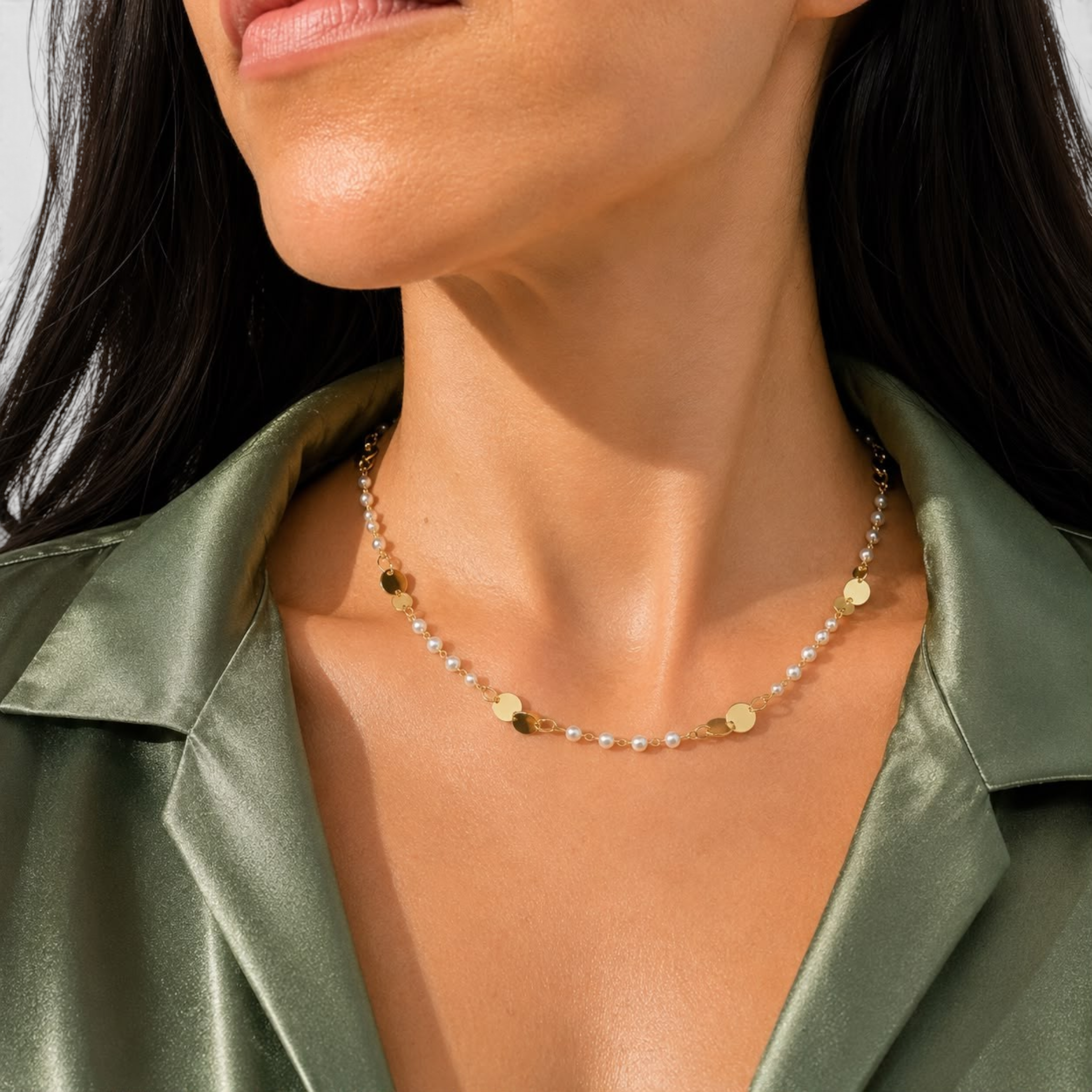Beach Rose Co. 18K gold filled necklace featuring alternating synthetic pearls and small polished gold discs.