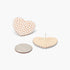 Beach Rose Co. gold-plated heart stud earrings featuring cream pearls, shown with a coin for size reference.