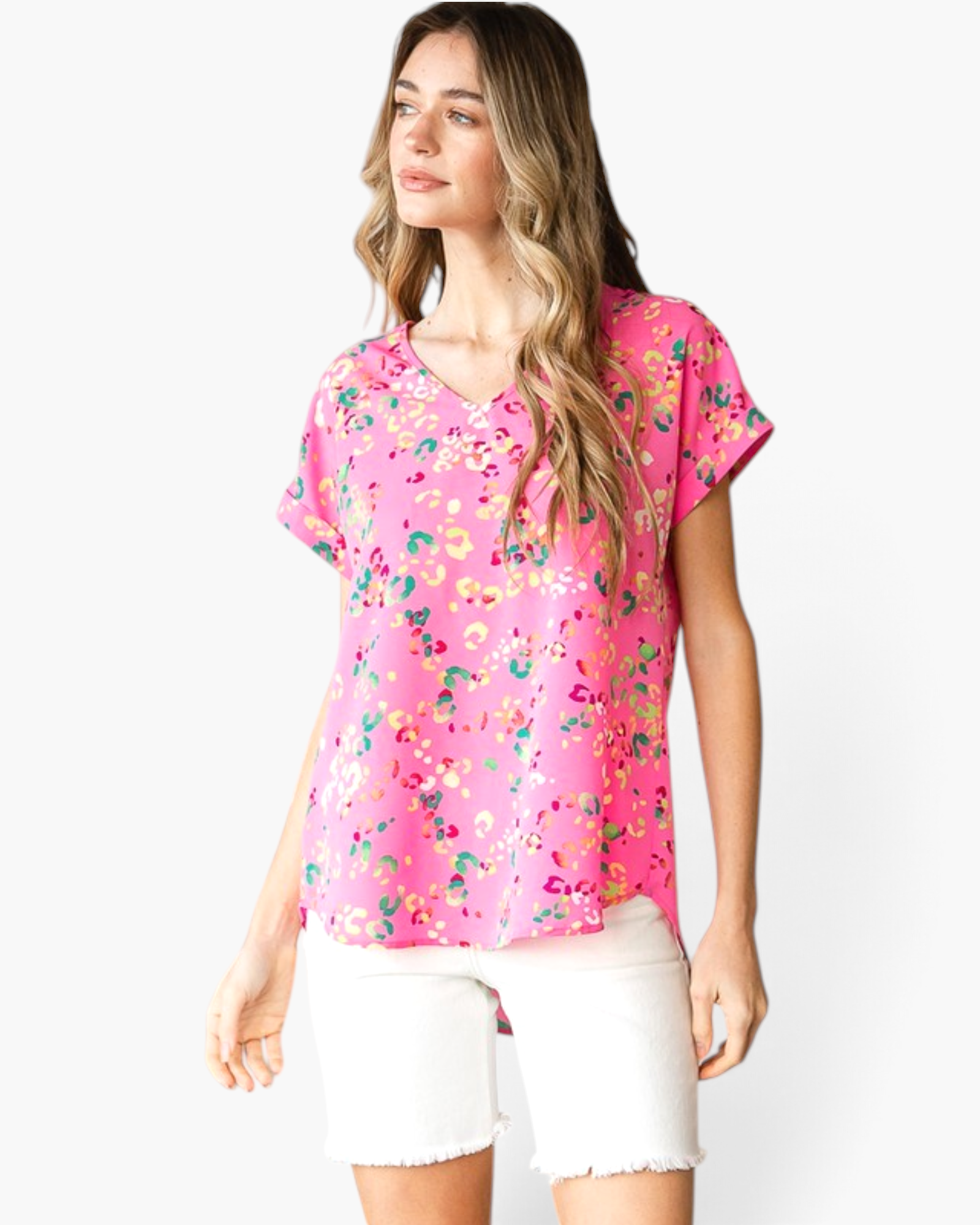 Beach Rose Co. pink V-neck top with multicolor abstract animal print, cuffed short sleeves, and a curved hem.