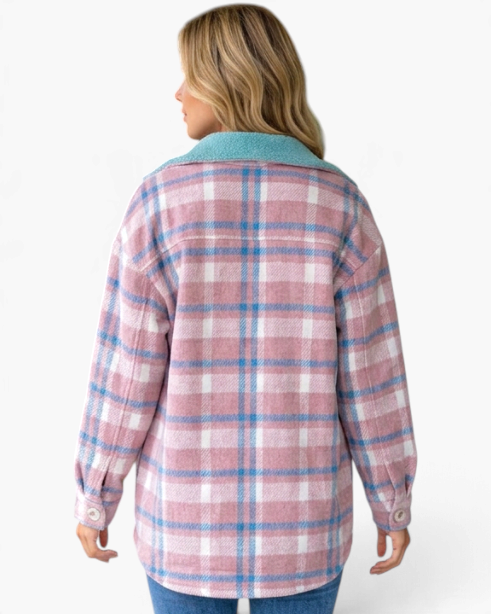 Back view of a Beach Rose Co. pink and blue plaid shacket with a contrasting sherpa collar on a model