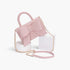 Beach Rose Co. pink faux leather handbag featuring a large bow detail, top handle, and gold chain shoulder strap.