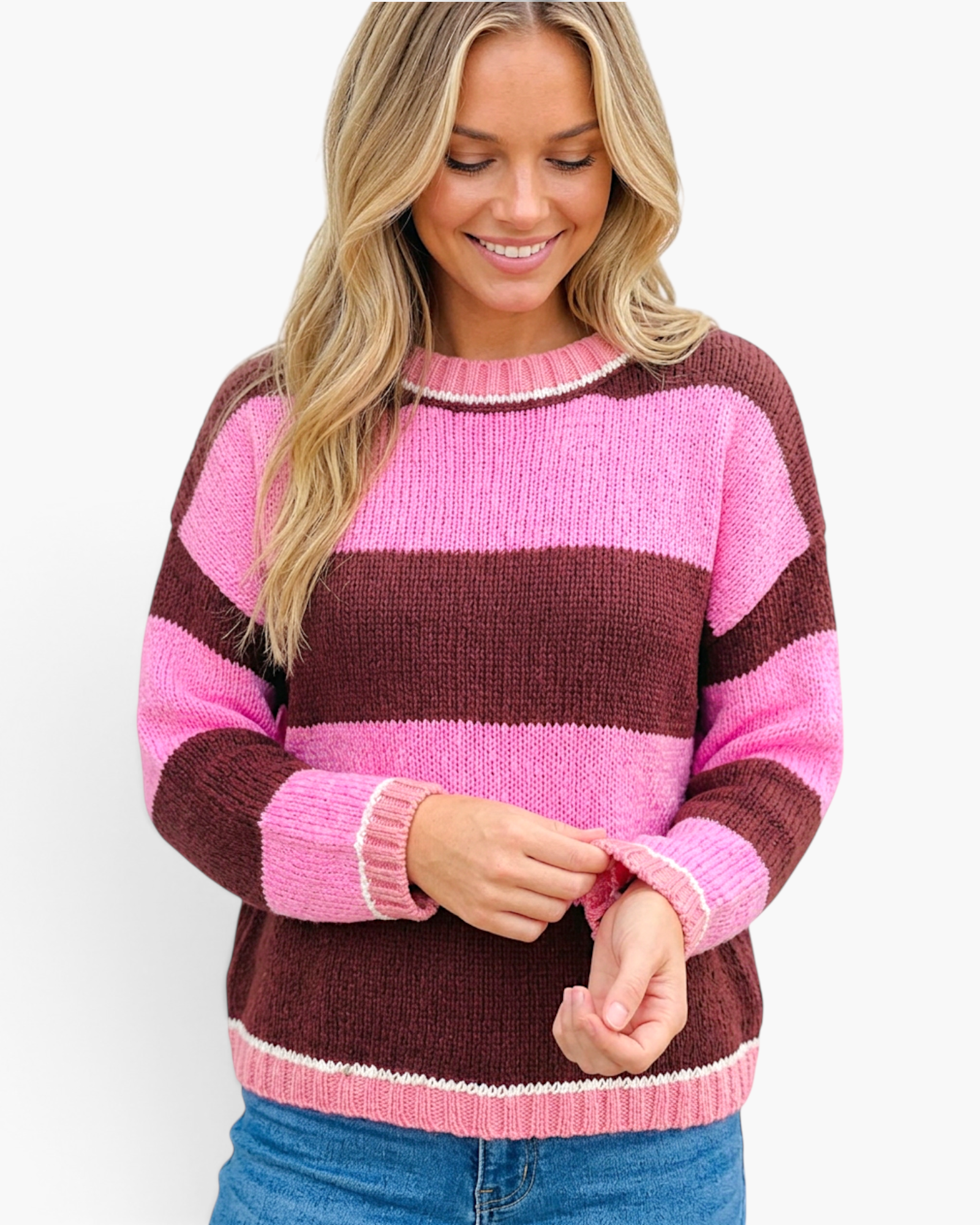 Beach Rose Co. Hana Fit knit sweater featuring pink and brown horizontal stripes, round neck, and drop shoulders.