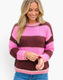 Beach Rose Co. Hana Fit knit sweater featuring pink and brown horizontal stripes, round neck, and drop shoulders.