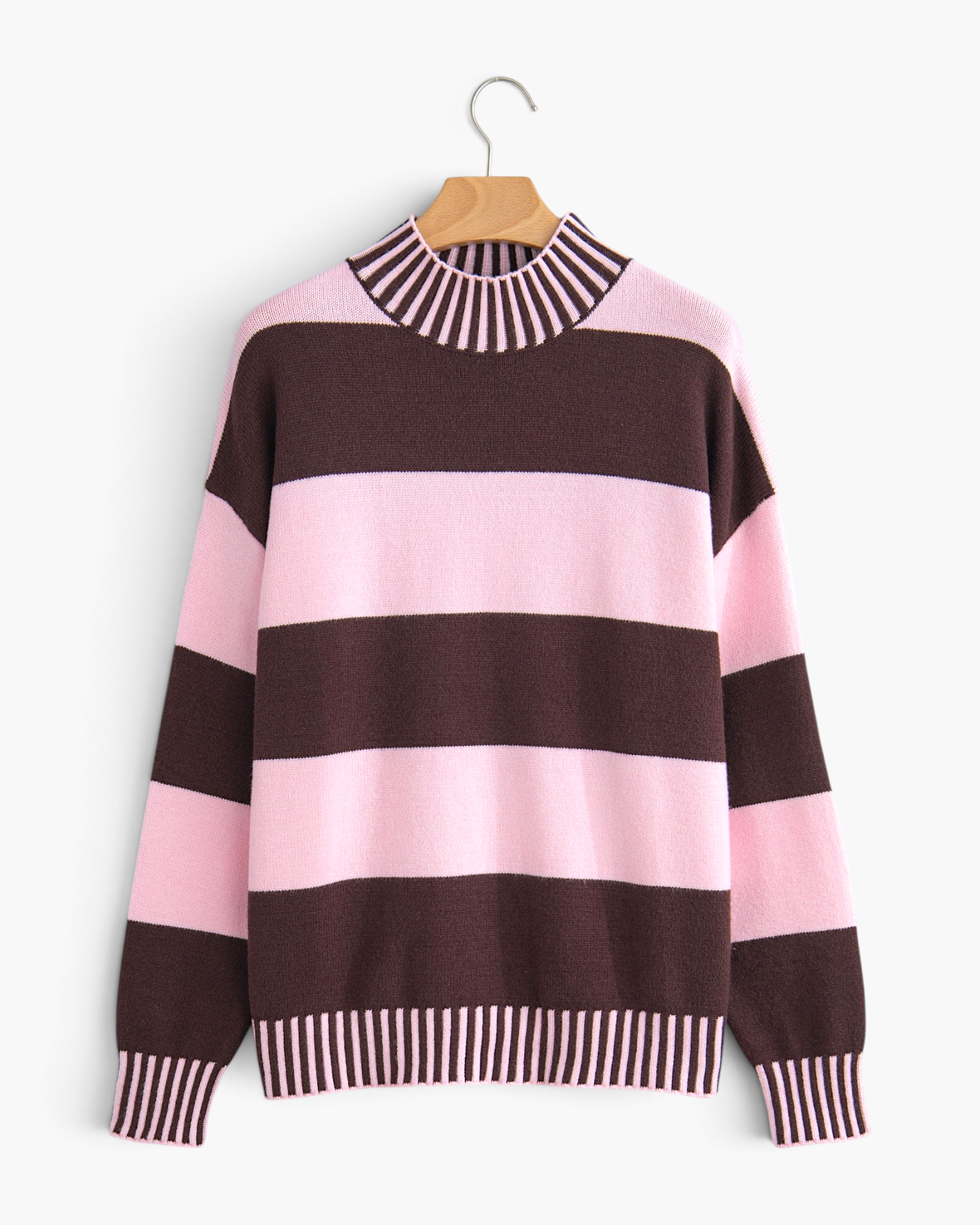 Beach Rose Co. Emmie relaxed pullover sweater featuring a pink and brown striped knit with a high ribbed neck.