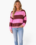 Beach Rose Co. Hana Fit knit sweater with pink and brown horizontal stripes, round neck, and drop shoulders.