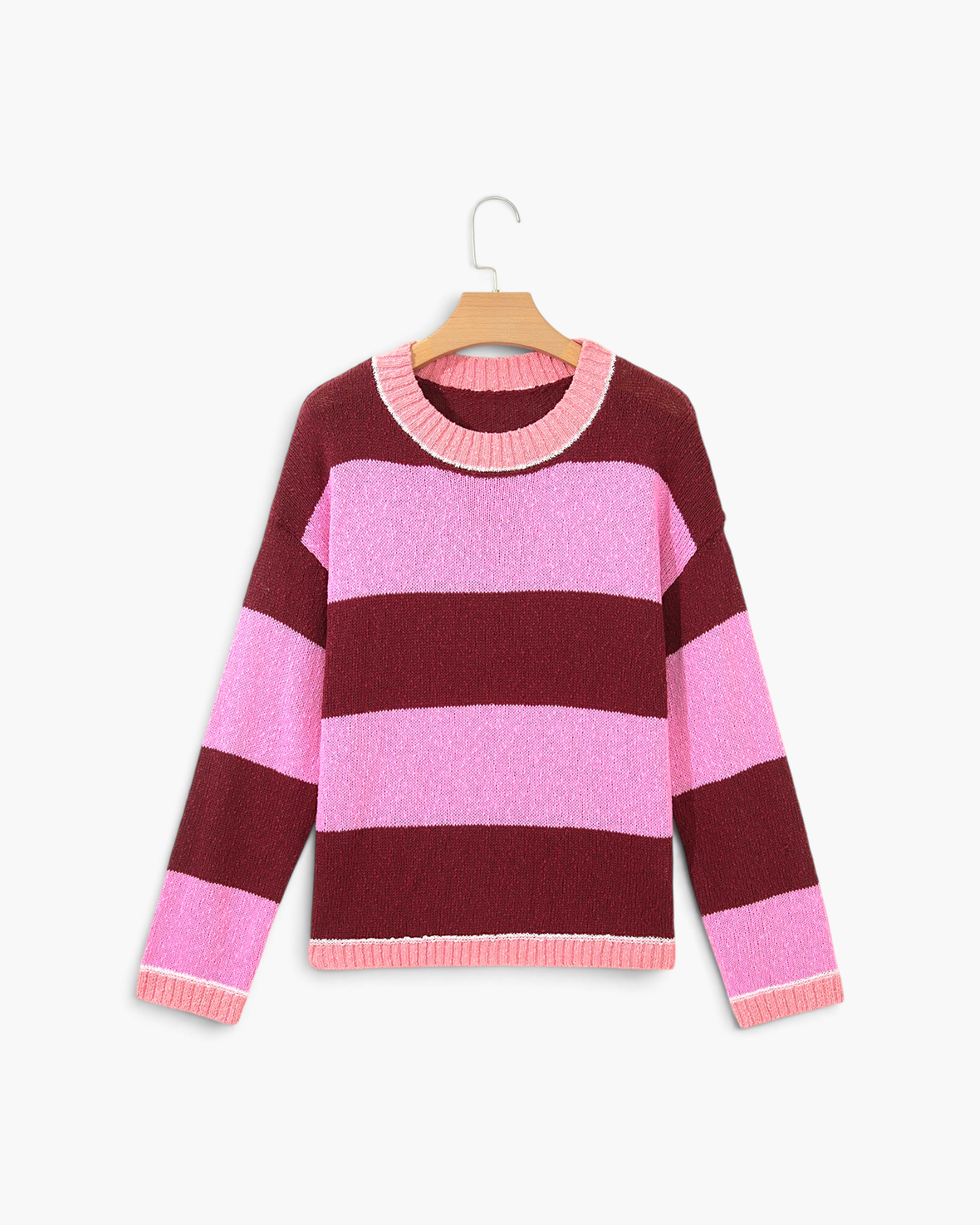 Beach Rose Co. Hana Fit knit sweater featuring pink and burgundy horizontal stripes, round neck, and drop shoulders.