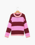 Beach Rose Co. Hana Fit knit sweater featuring pink and burgundy horizontal stripes, round neck, and drop shoulders.
