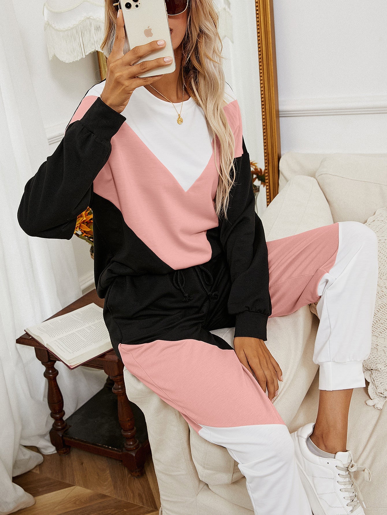 Beach Rose Co. - Pink Chevron Color Block Sweatshirt and Joggers Set