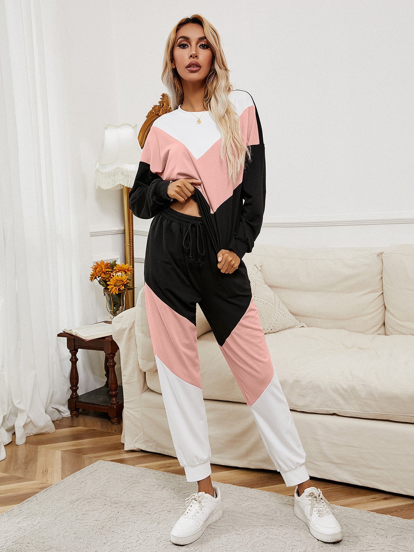 Beach Rose Co. - Pink Chevron Color Block Sweatshirt and Joggers Set