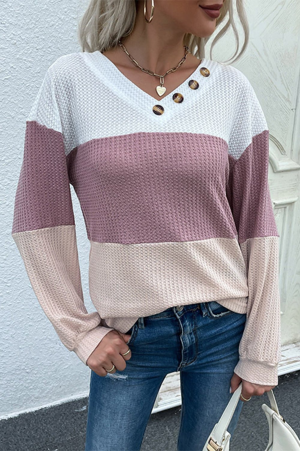 Beach Rose Co. - Pink Color Block Button Detail Top