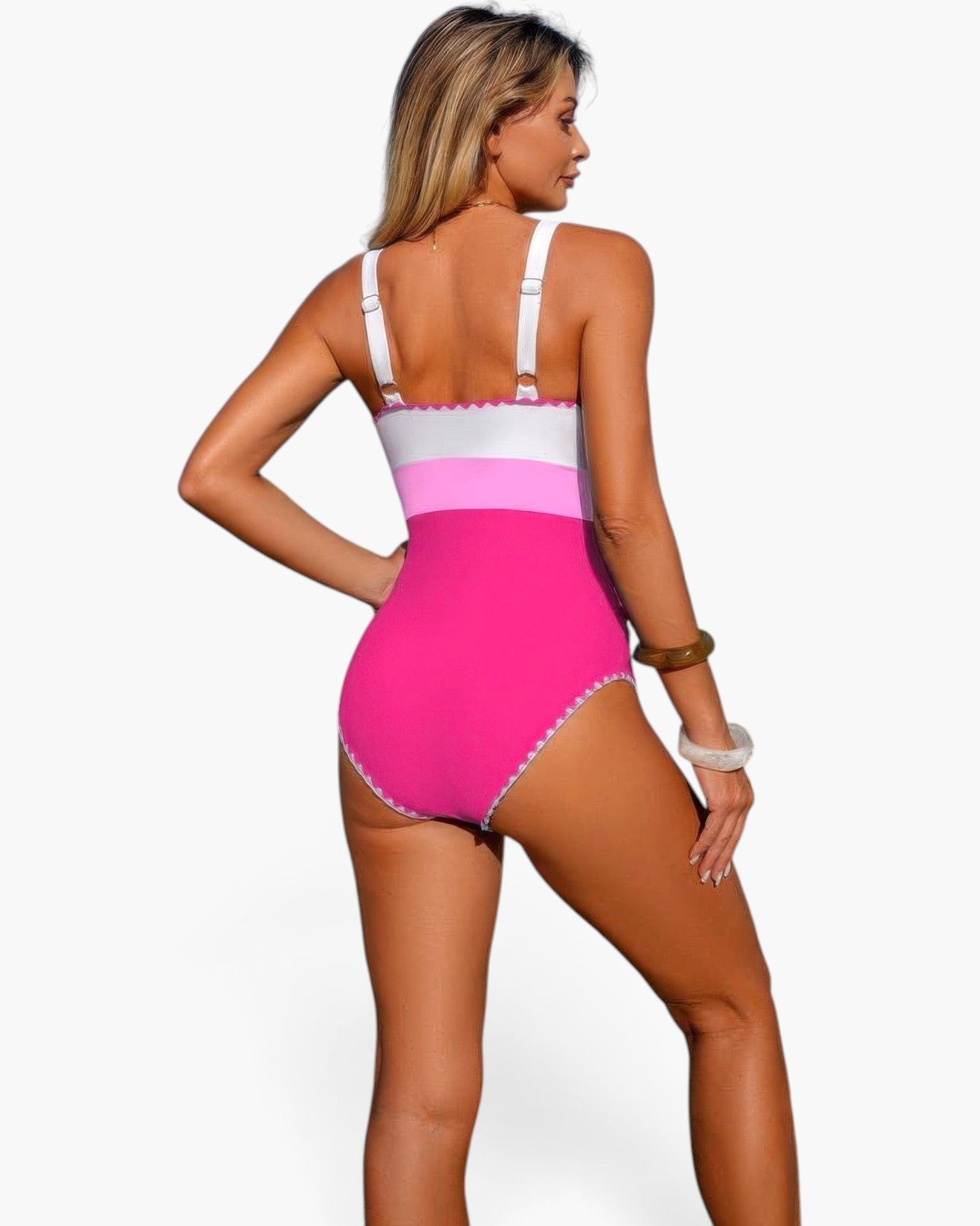 Beach Rose Co. one-piece swimsuit featuring a pink, light pink, and white color block design with a U-neck back view.
