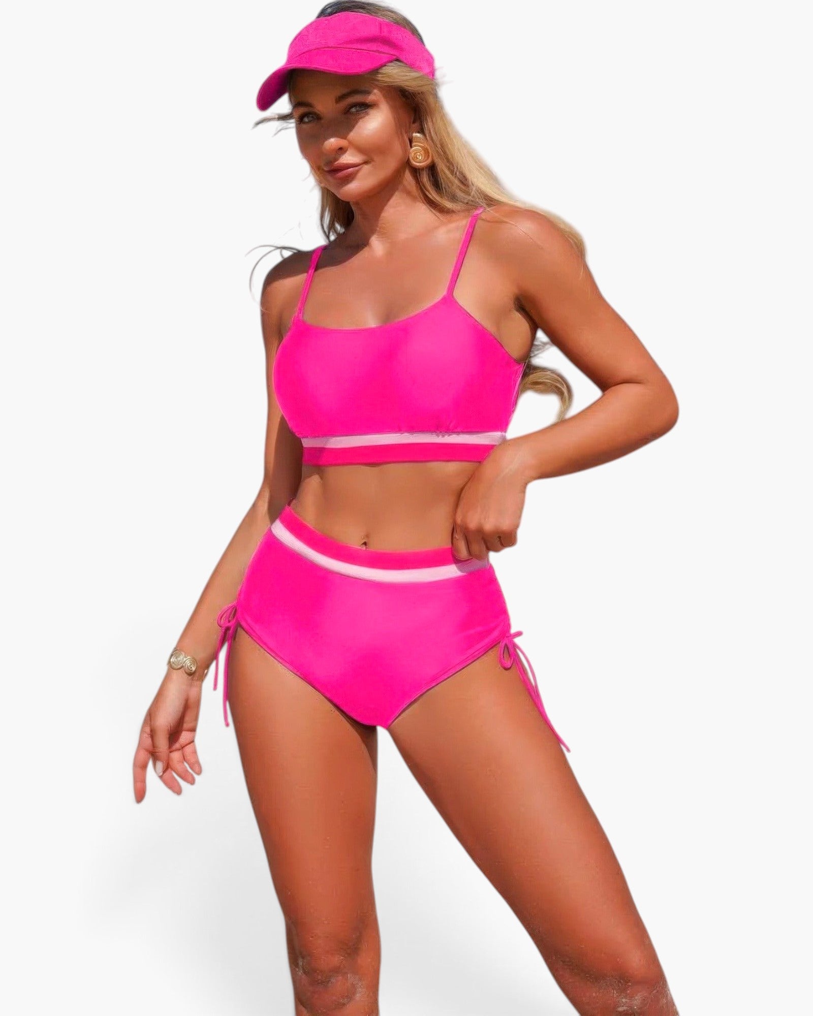 Beach Rose Co. hot pink two-piece bikini with contrast trim, tie-up sides, and matching visor on a blonde model.