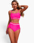 Beach Rose Co. hot pink two-piece bikini with contrast white trim, high-waisted bottoms, and adjustable tie-up sides.