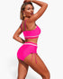Beach Rose Co. hot pink two-piece bikini with contrast white trim and adjustable tie-up side details on high-waist bottoms