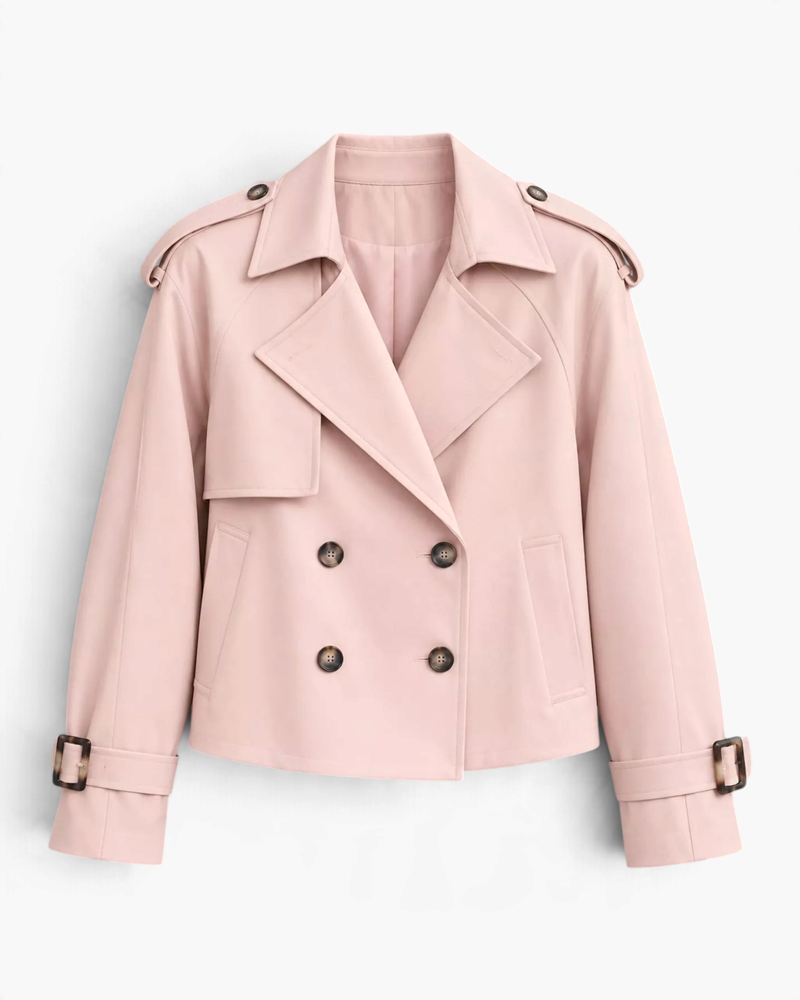 Beach Rose Co. light pink cropped double-breasted trench jacket with wide lapels, shoulder tabs, and buckled cuffs.