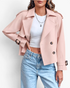 Beach Rose Co. cropped double-breasted trench jacket in light pink with wide lapels and buckled cuff straps