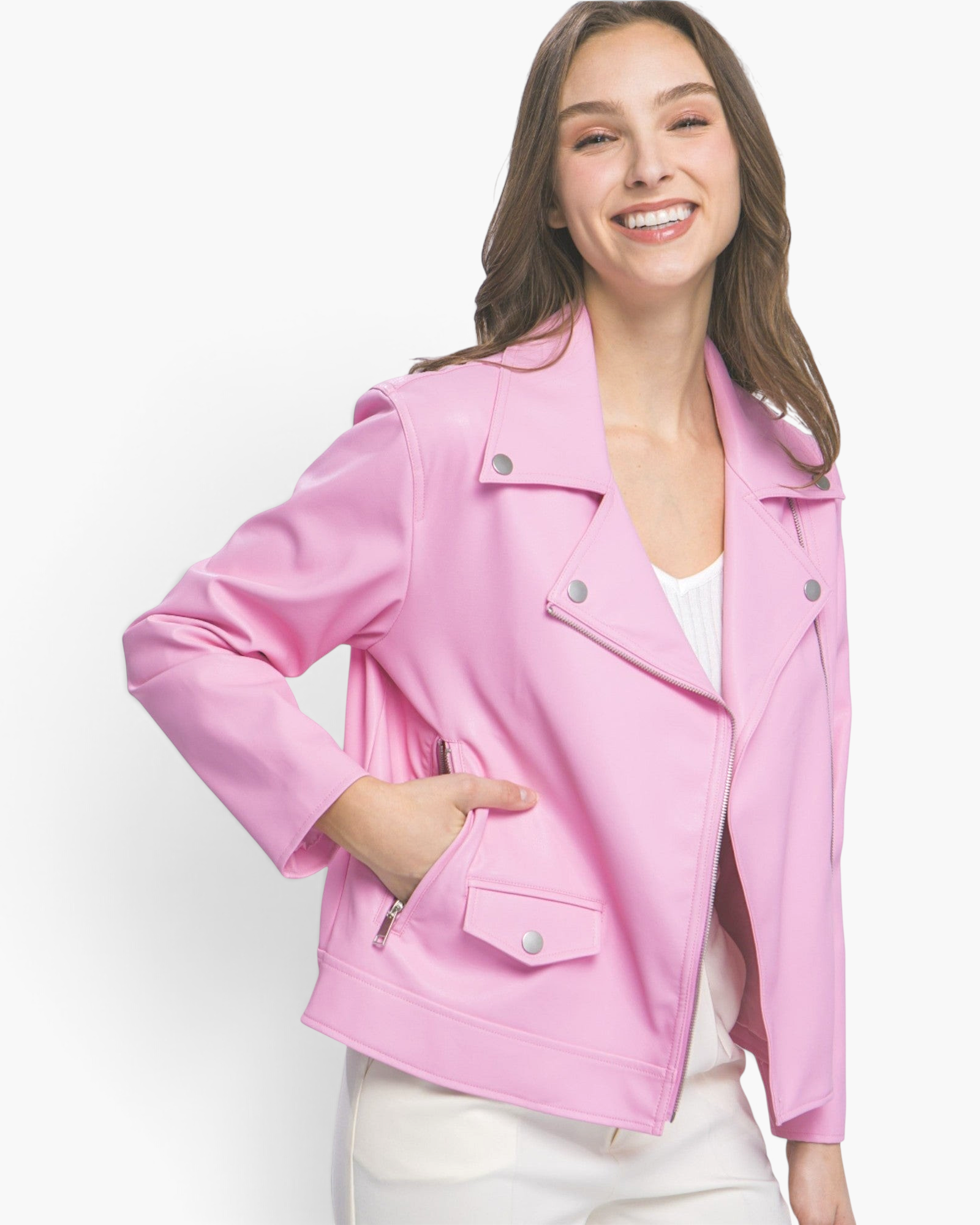 Beach Rose Co. bubblegum pink faux leather moto jacket with silver hardware, notched lapels, and zip-front closure.