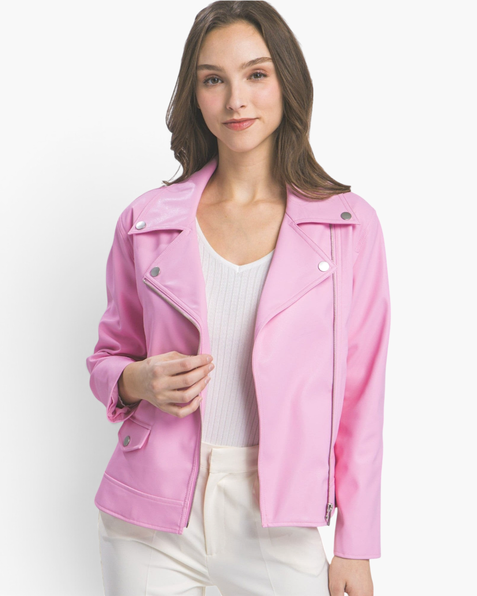 Beach Rose Co. bubblegum pink faux leather moto jacket with silver hardware, notched lapels, and asymmetrical zip.