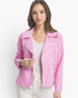 Beach Rose Co. bubblegum pink faux leather moto jacket with silver hardware, notched lapels, and asymmetrical zip.