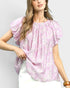 Beach Rose Co. pink floral print blouse with puff sleeves, gathered neckline, and back keyhole detail. Made of rayon and nylon.