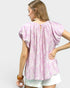 Beach Rose Co. pink floral print blouse with puff sleeves and gathered neckline, 80% Rayon, 20% Nylon.