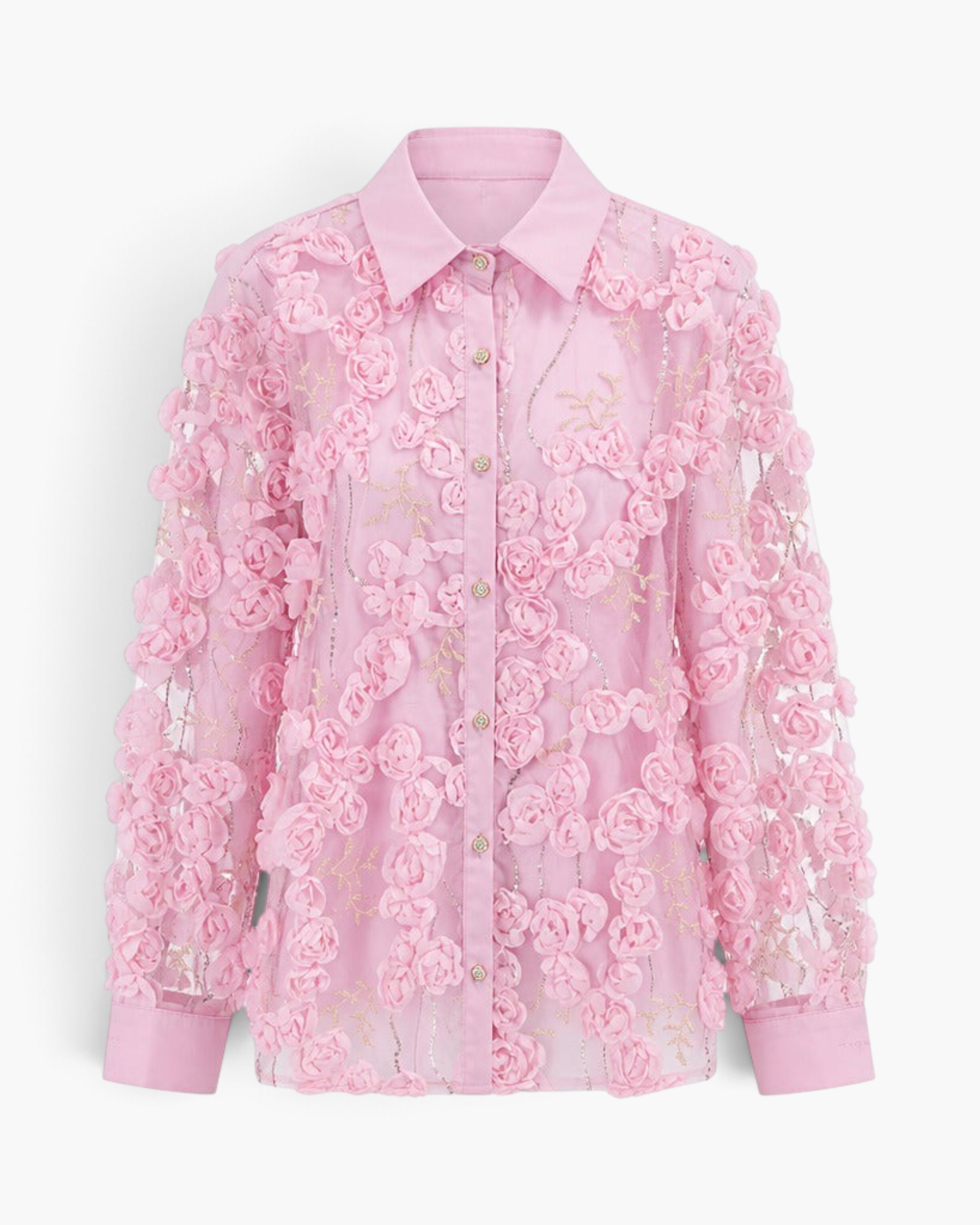 Beach Rose Co. pink button-up blouse featuring dimensional floral appliqués, sequin accents, and sheer long sleeves.