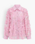Beach Rose Co. pink button-up blouse featuring dimensional floral appliqués, sequin accents, and sheer long sleeves.
