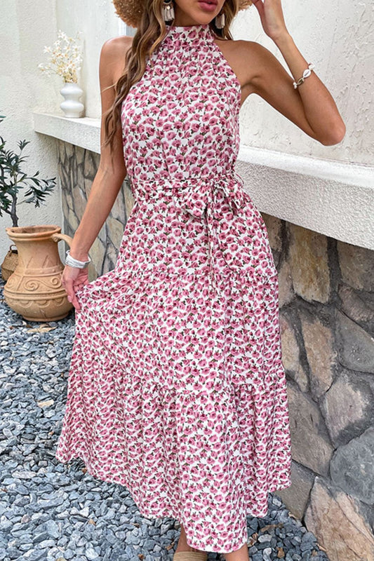 Beach Rose Co. - Pink Floral Tie - Waist Midi Dress