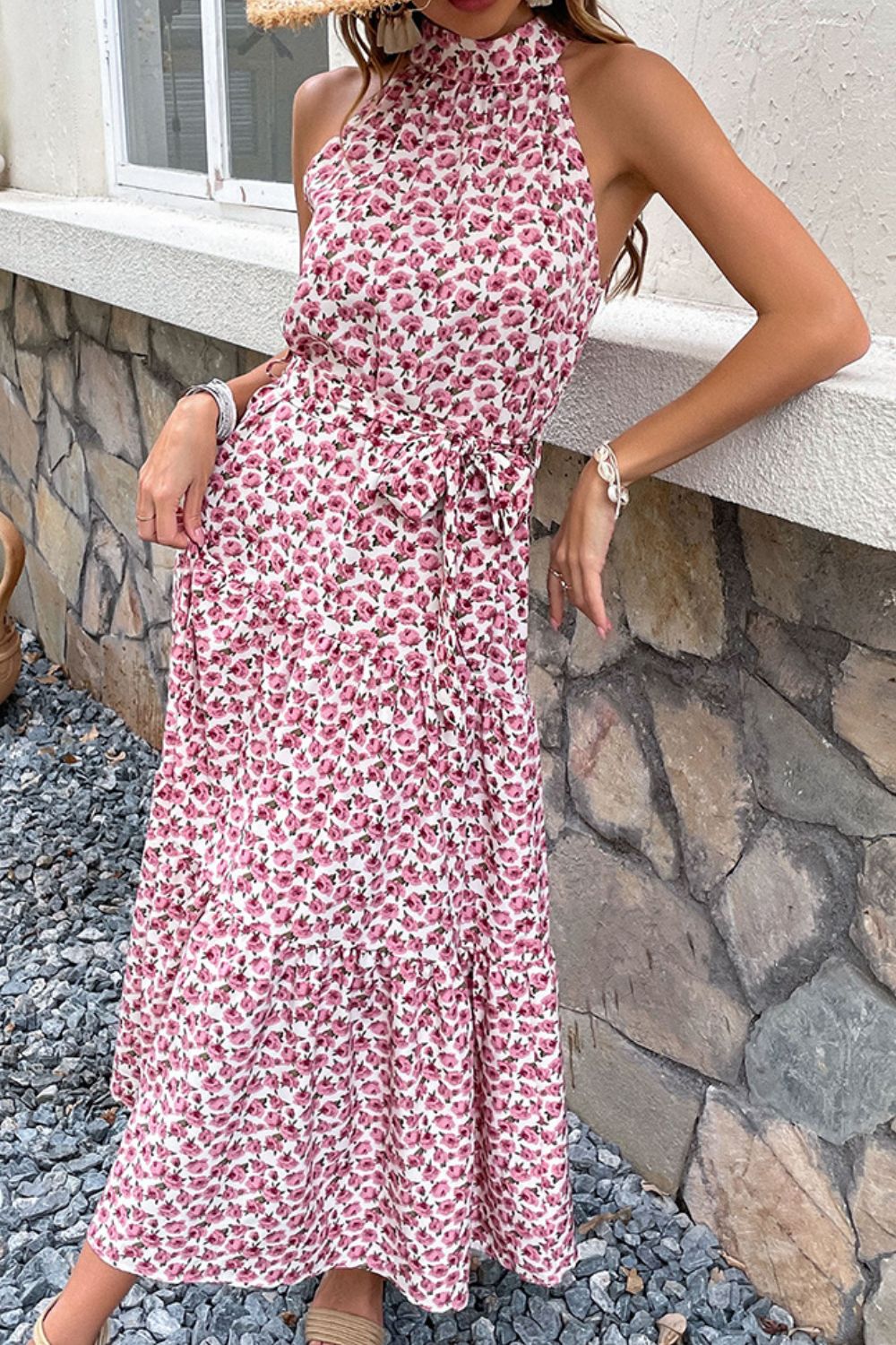 Beach Rose Co. - Pink Floral Tie - Waist Midi Dress