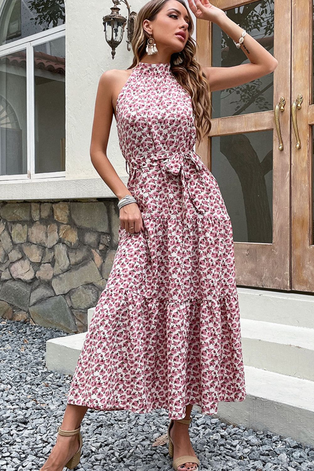 Beach Rose Co. - Pink Floral Tie - Waist Midi Dress