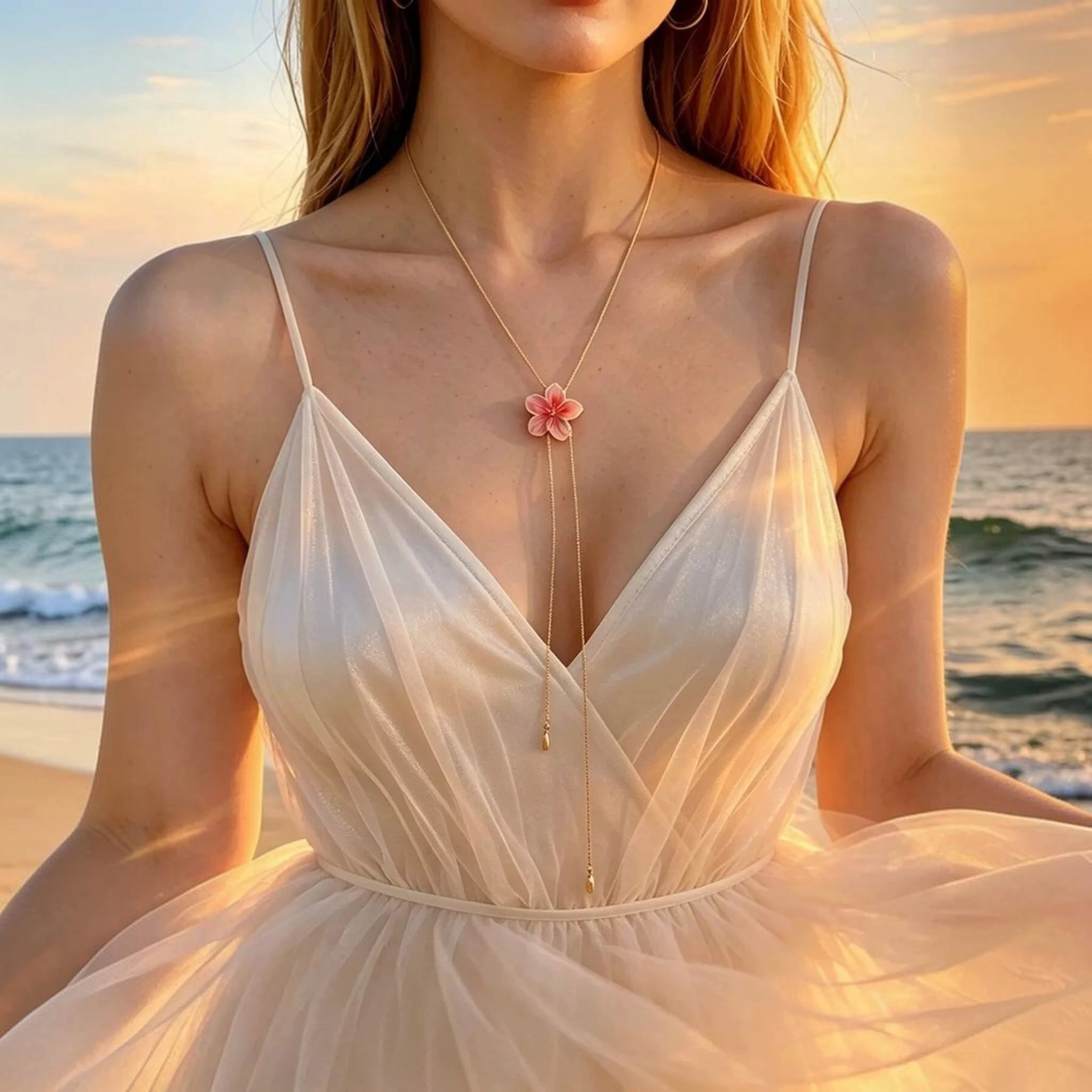 Beach Rose Co. 18K gold-plated lariat necklace featuring a pink resin flower and cascading chains on a woman at sunset