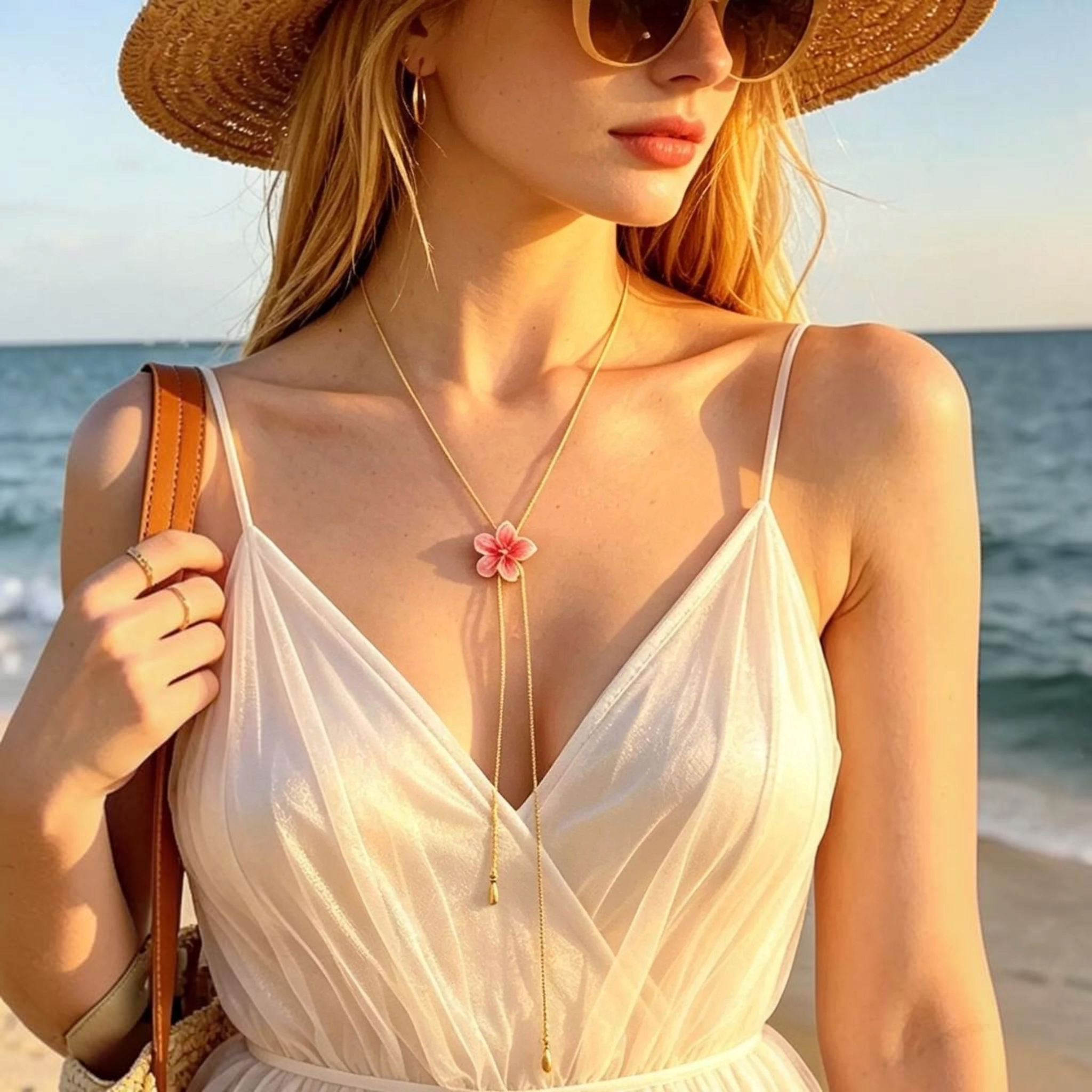 Beach Rose Co. 18K gold-plated lariat necklace featuring a pink resin flower and cascading chains on a woman at beach