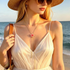 Beach Rose Co. 18K gold-plated lariat necklace featuring a pink resin flower and cascading chains on a woman at beach