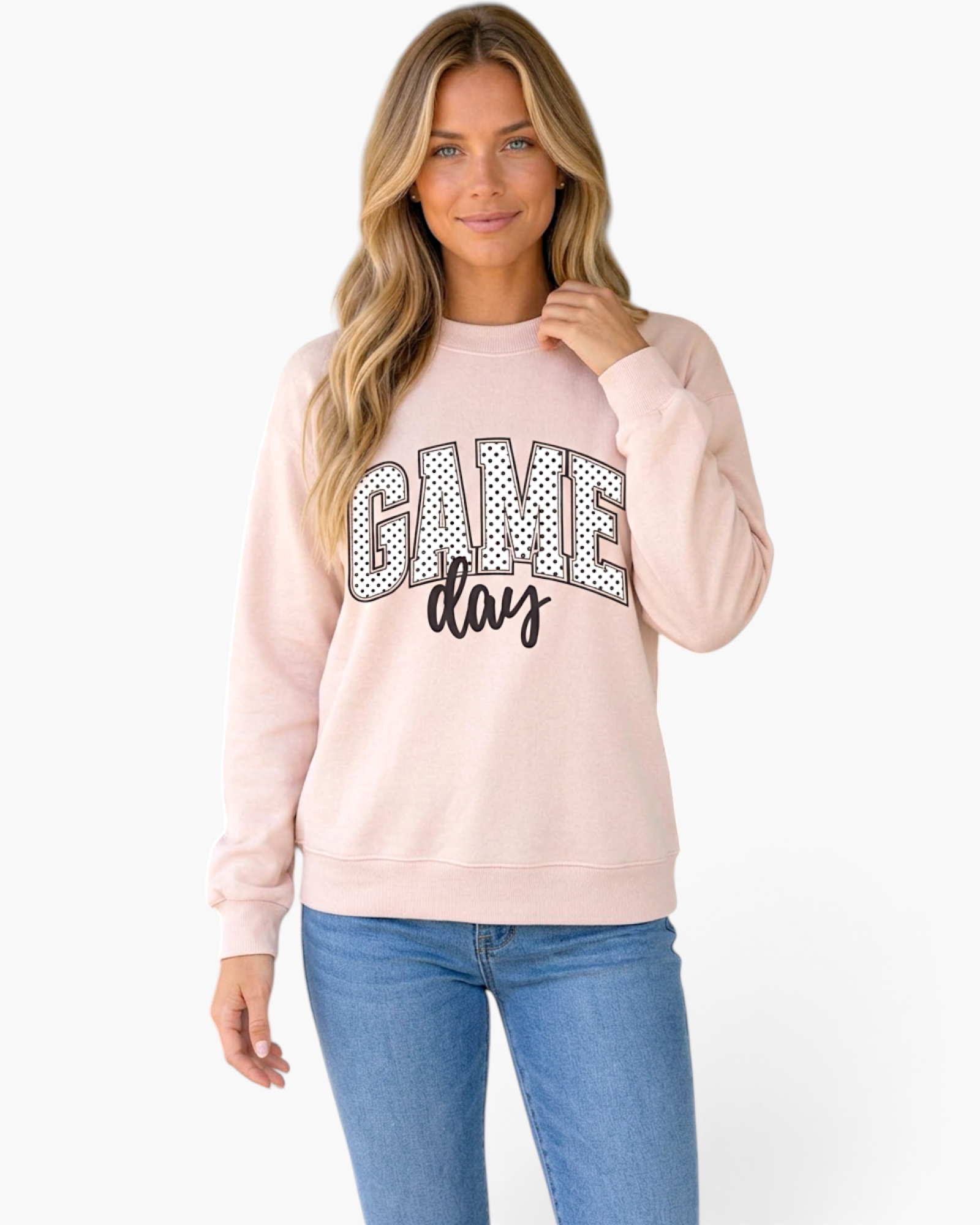 Beach Rose Co. light pink baggy sweatshirt with Game Day graphic in polka dot letters, round neck, long sleeves.