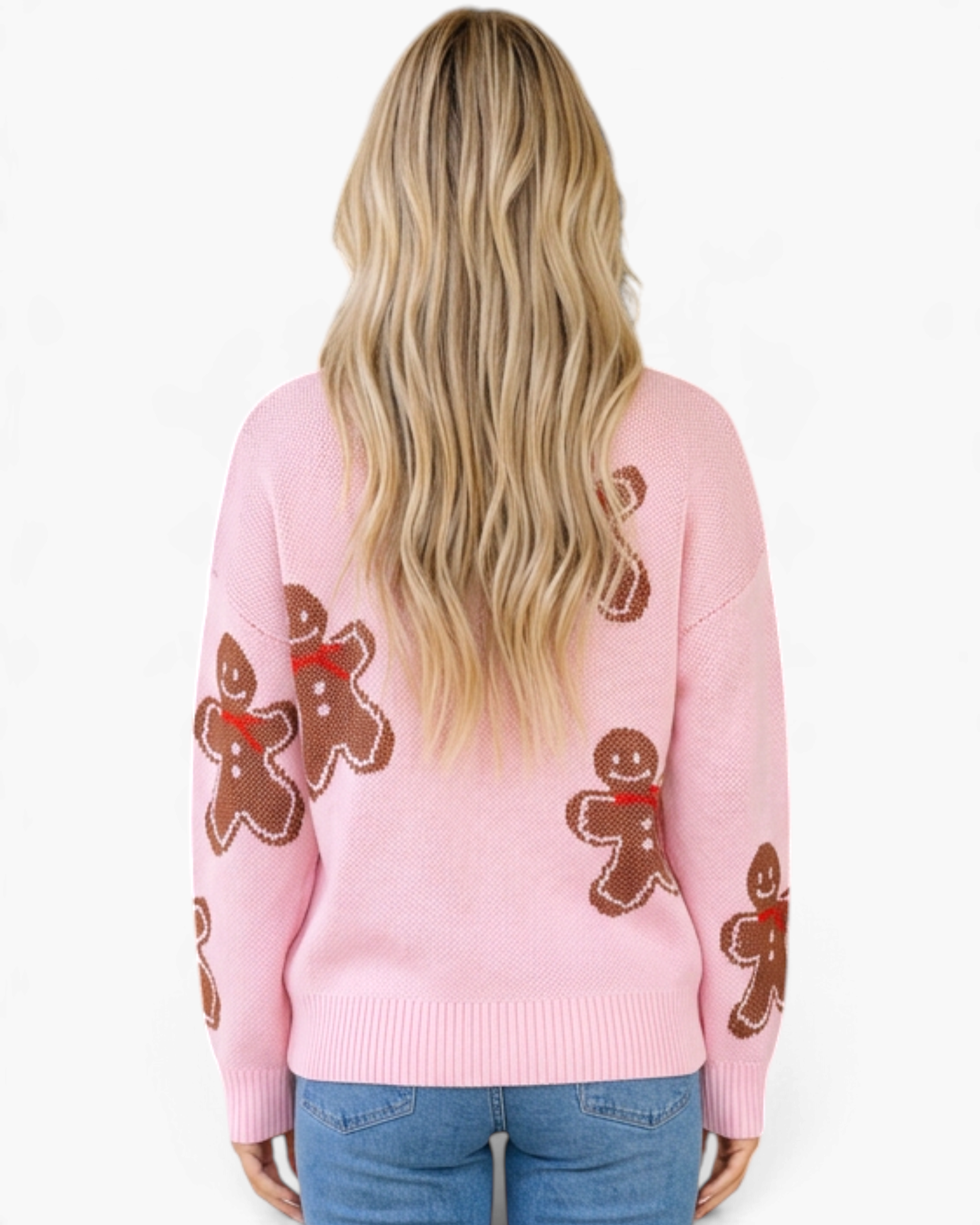 Beach Rose Co. pink crewneck sweater with an allover gingerbread man pattern and red scarf details, back view.