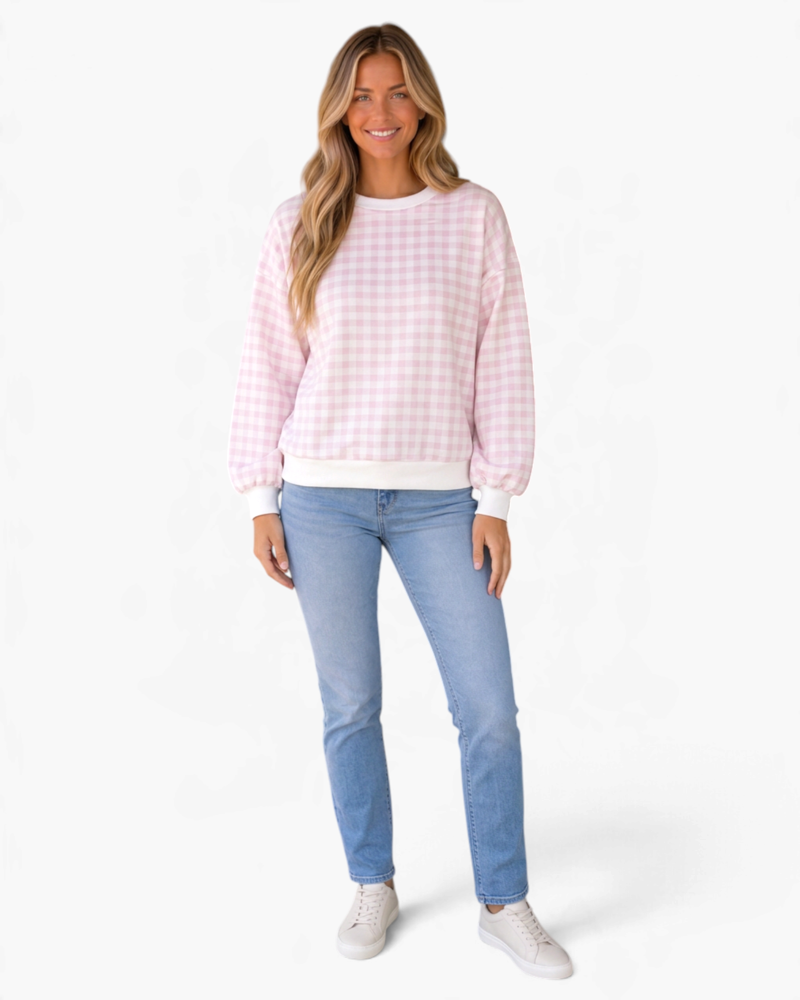Beach Rose Co. pink and white gingham sweatshirt with balloon sleeves and white ribbed trim worn with blue jeans