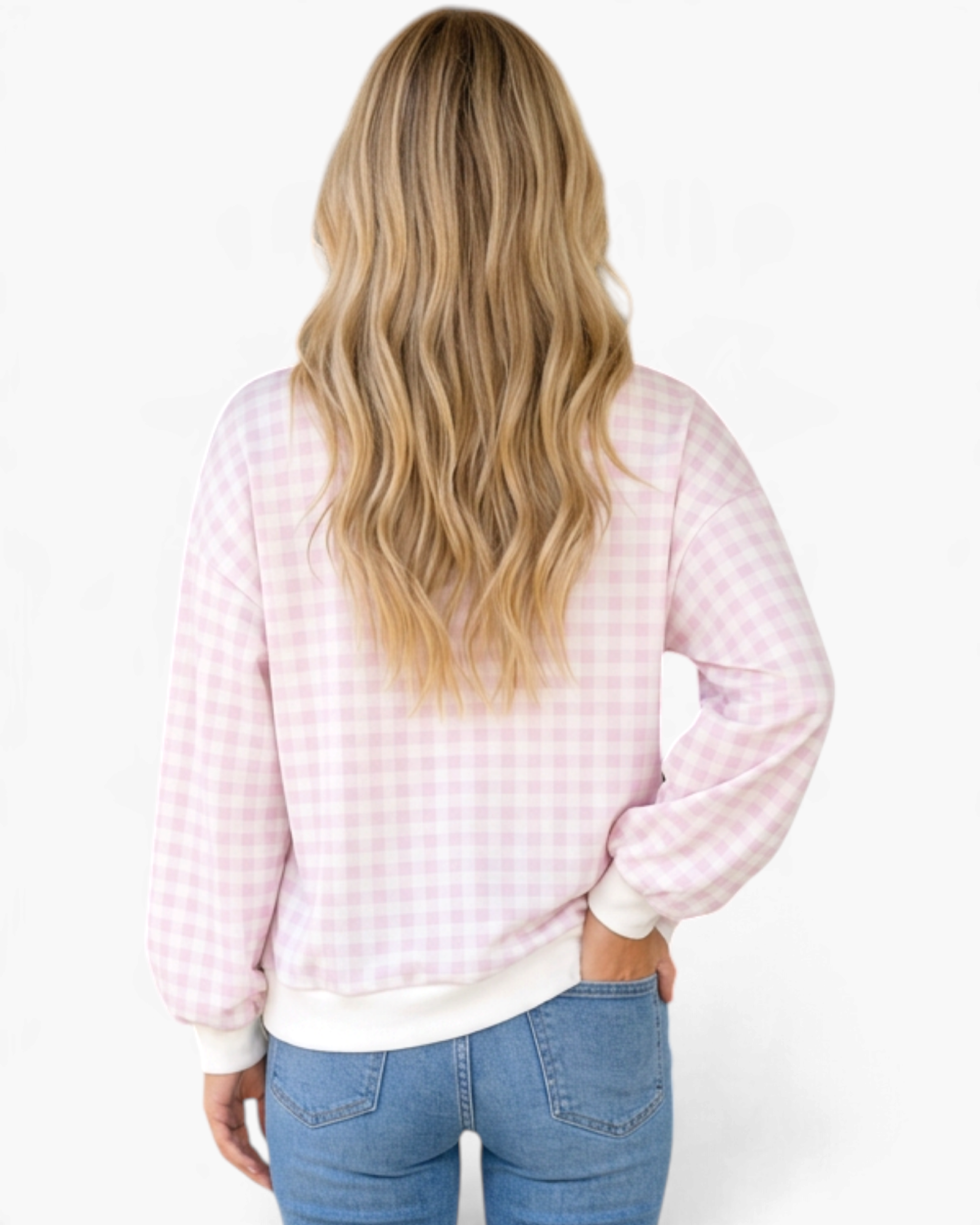 Beach Rose Co. pink and white gingham sweatshirt with balloon sleeves and white ribbed trim, back view on model