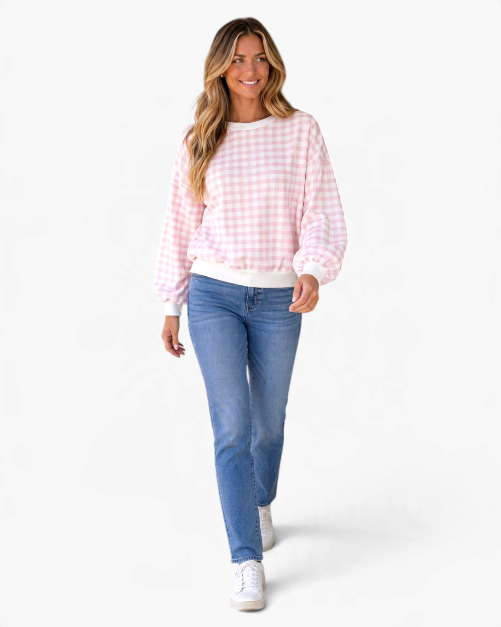 Beach Rose Co. pink and white gingham sweatshirt with balloon sleeves and white ribbed trim worn with blue jeans