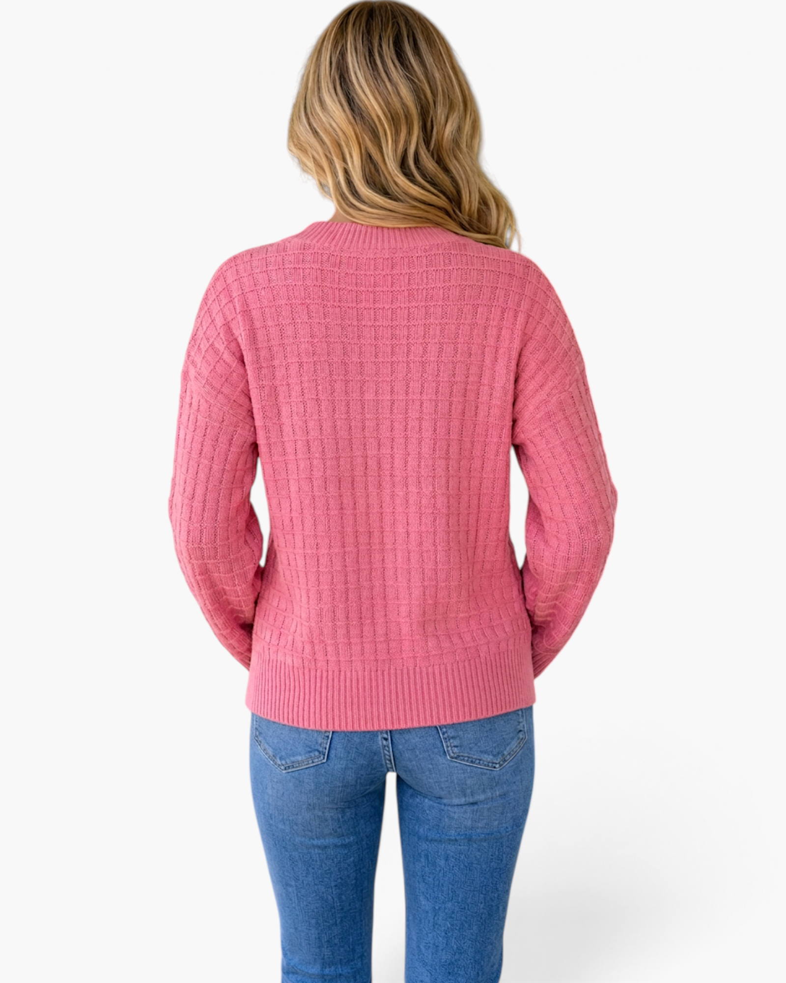 Beach Rose Co. rose pink long-sleeve sweater with a textured grid-knit pattern, ribbed hem, and round neckline.