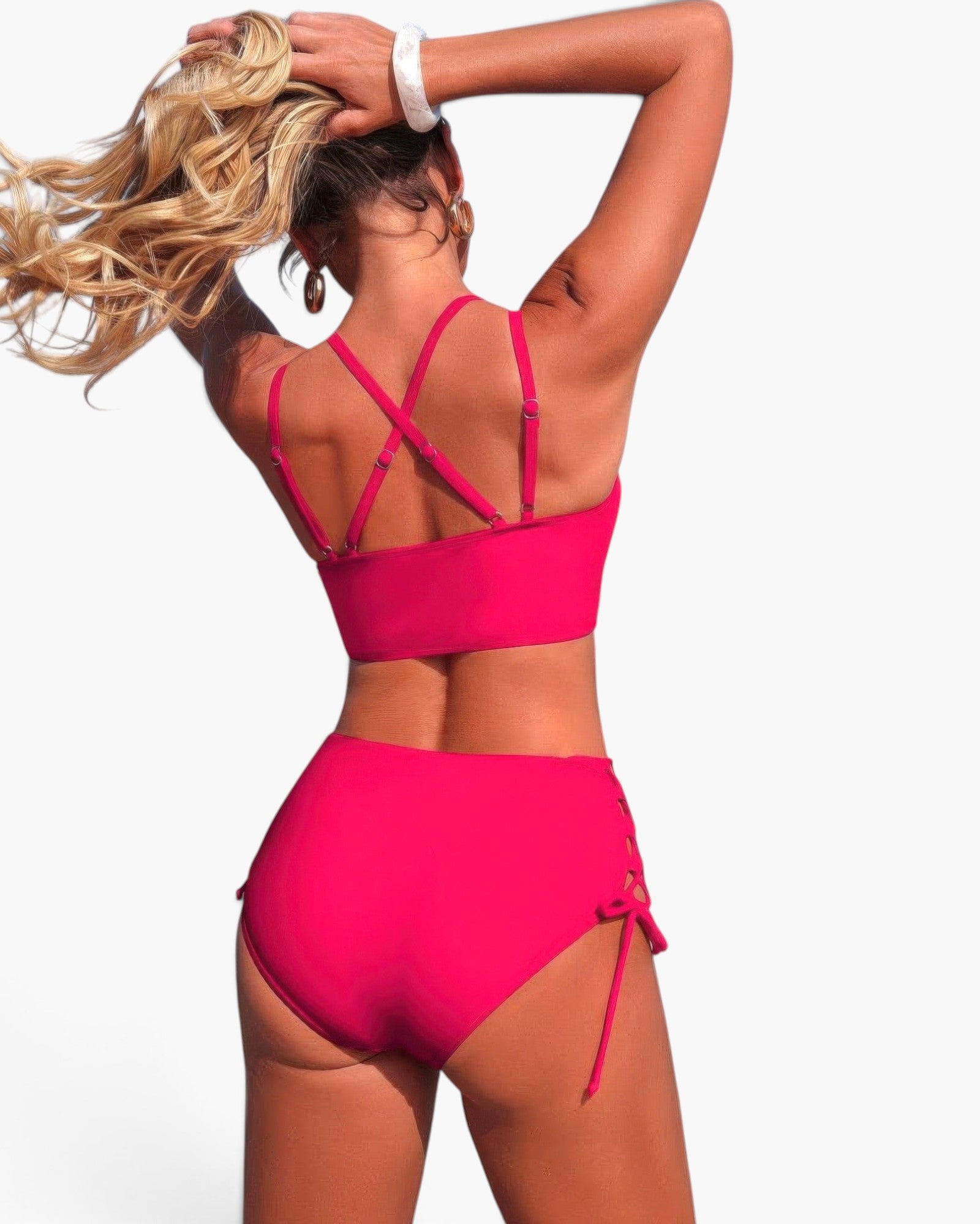 Beach Rose Co. hot pink two-piece bikini with a V-neck top, cross-back straps, and high-waisted lace-up side bottoms.