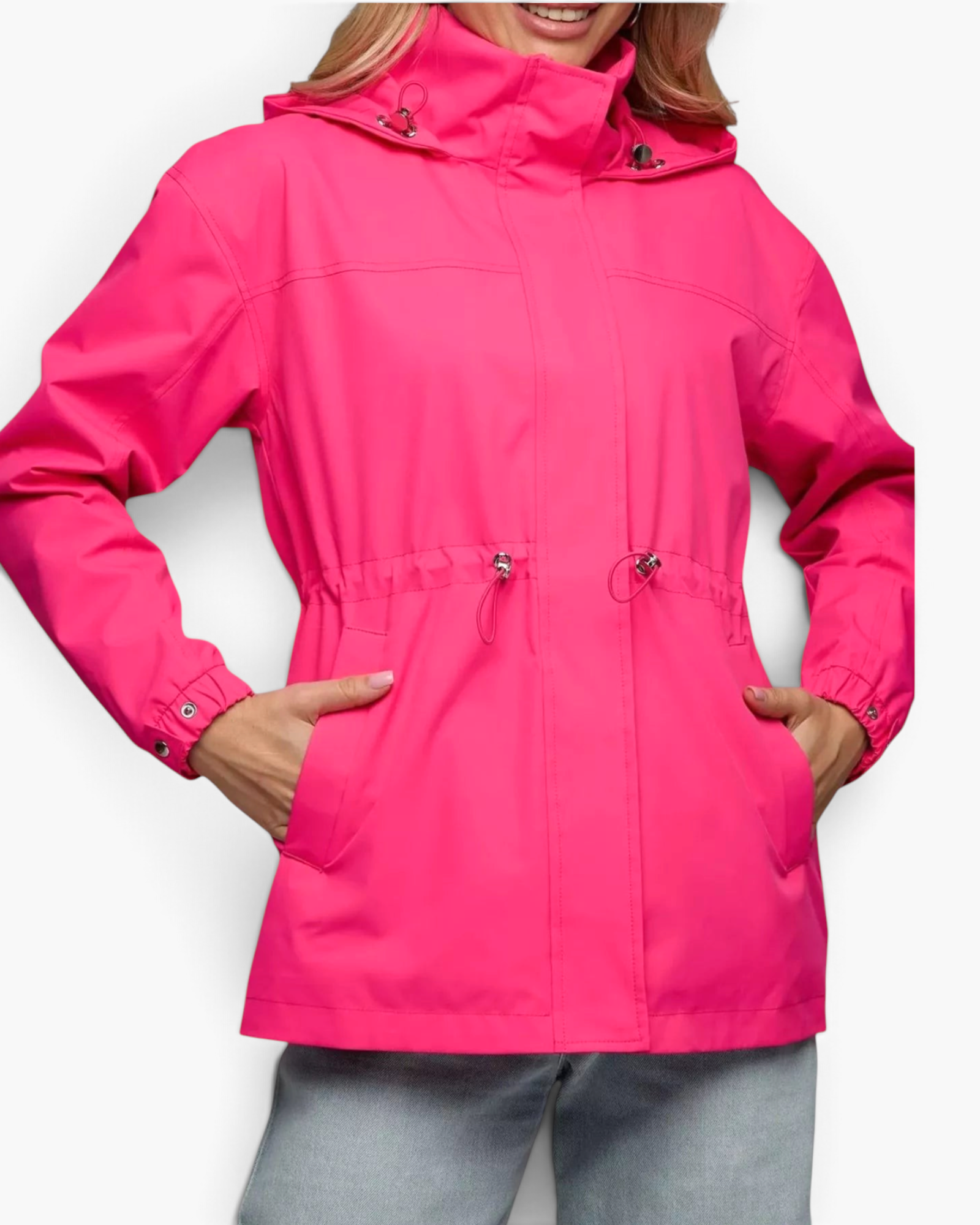 Beach Rose Co. hot pink hooded jacket with drawstring waist, zip front, and side pockets on a model.