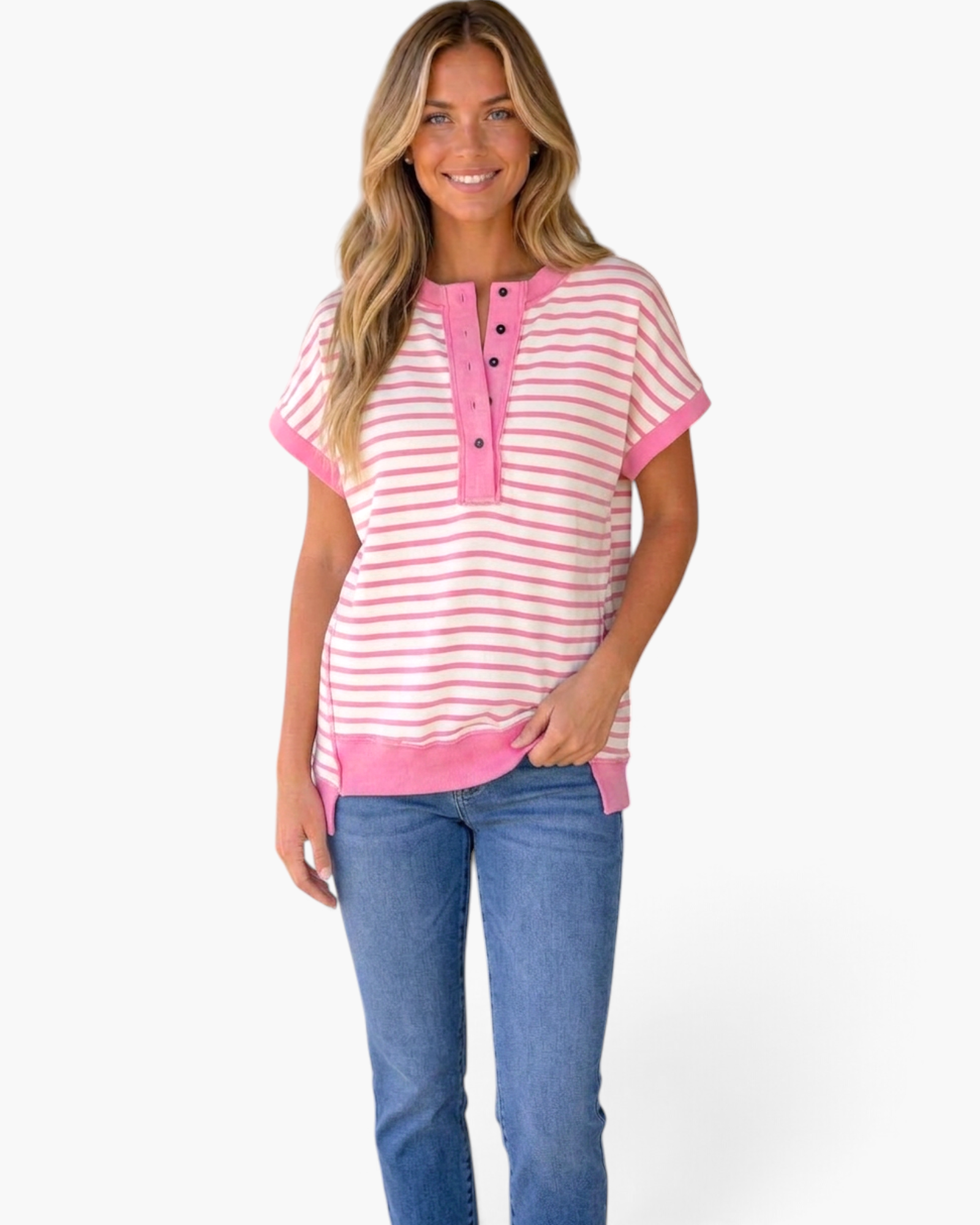 Beach Rose Co. pink and ivory striped cotton Henley top with short sleeves and snap-front detail on a smiling model.